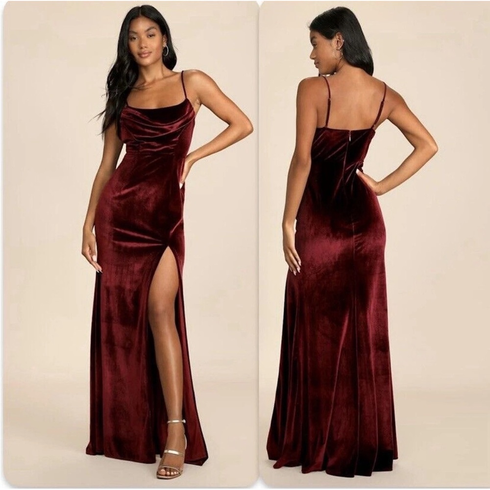 Lulus Everything I Do Wine Velvet Cowl Neck Mermaid Maxi Dress NWOT Size S Small